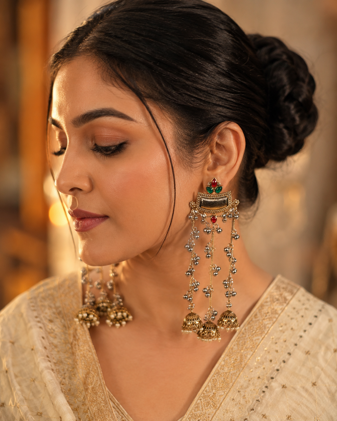 Delara Cascade Jhumka Earrings detail view, Indian-inspired earrings by Rukhsar Jewels