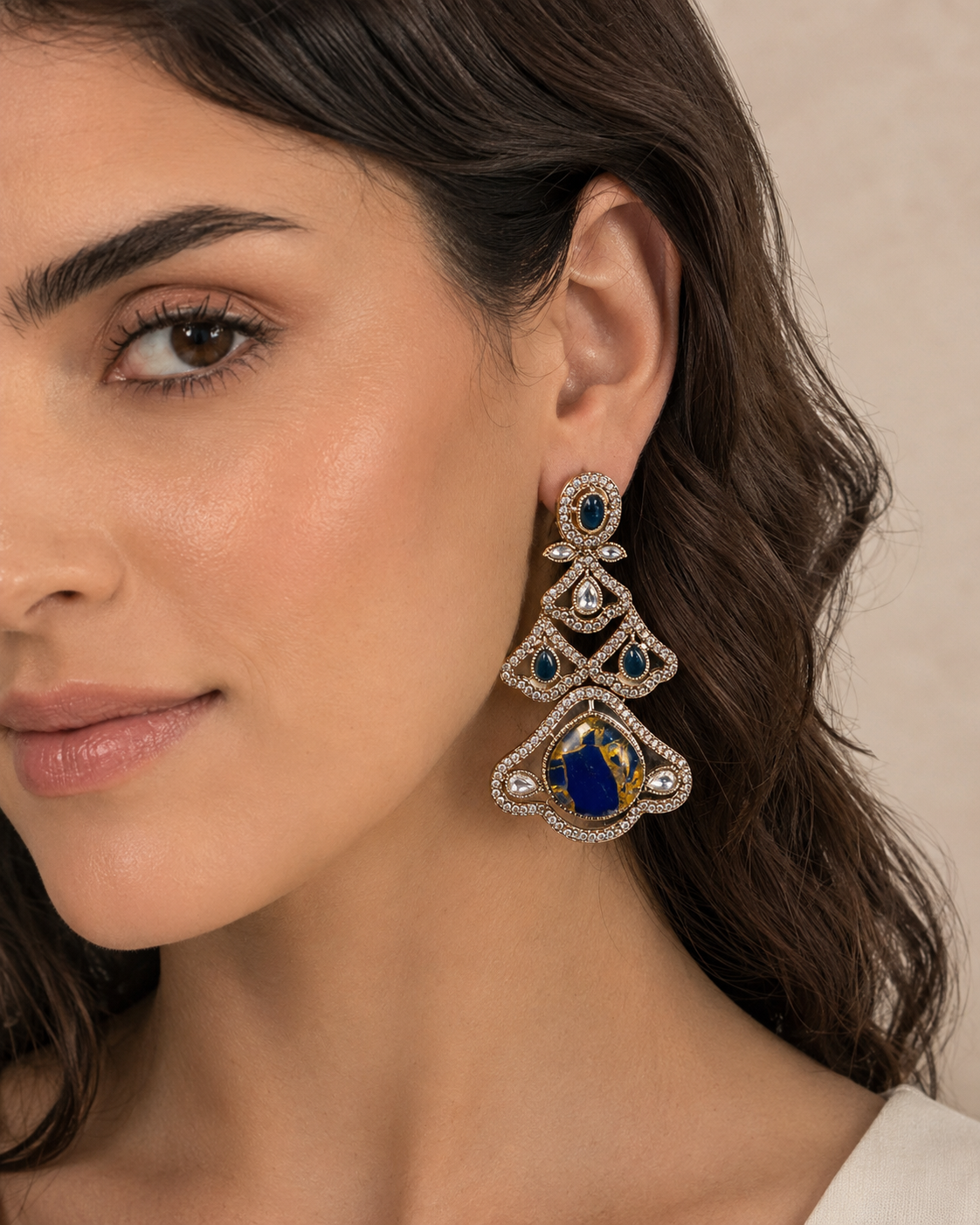 Neel Azure Statement Earrings detail view, Indian-inspired earrings by Rukhsar Jewels