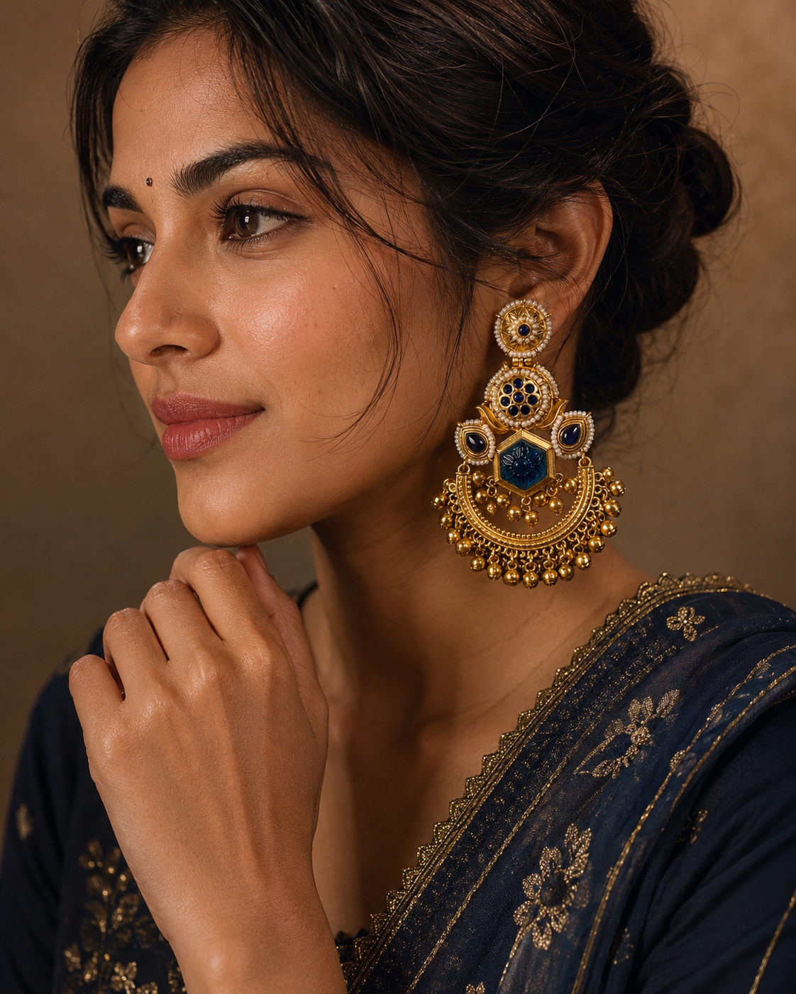 Darya blue chandbali earrings detail, statement jewellery by Rukhsar Jewels