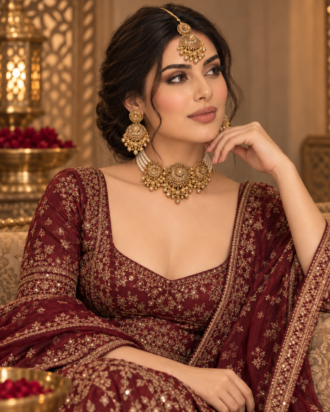 Meera pearl choker detail, antique gold Indian jewellery by Rukhsar Jewels