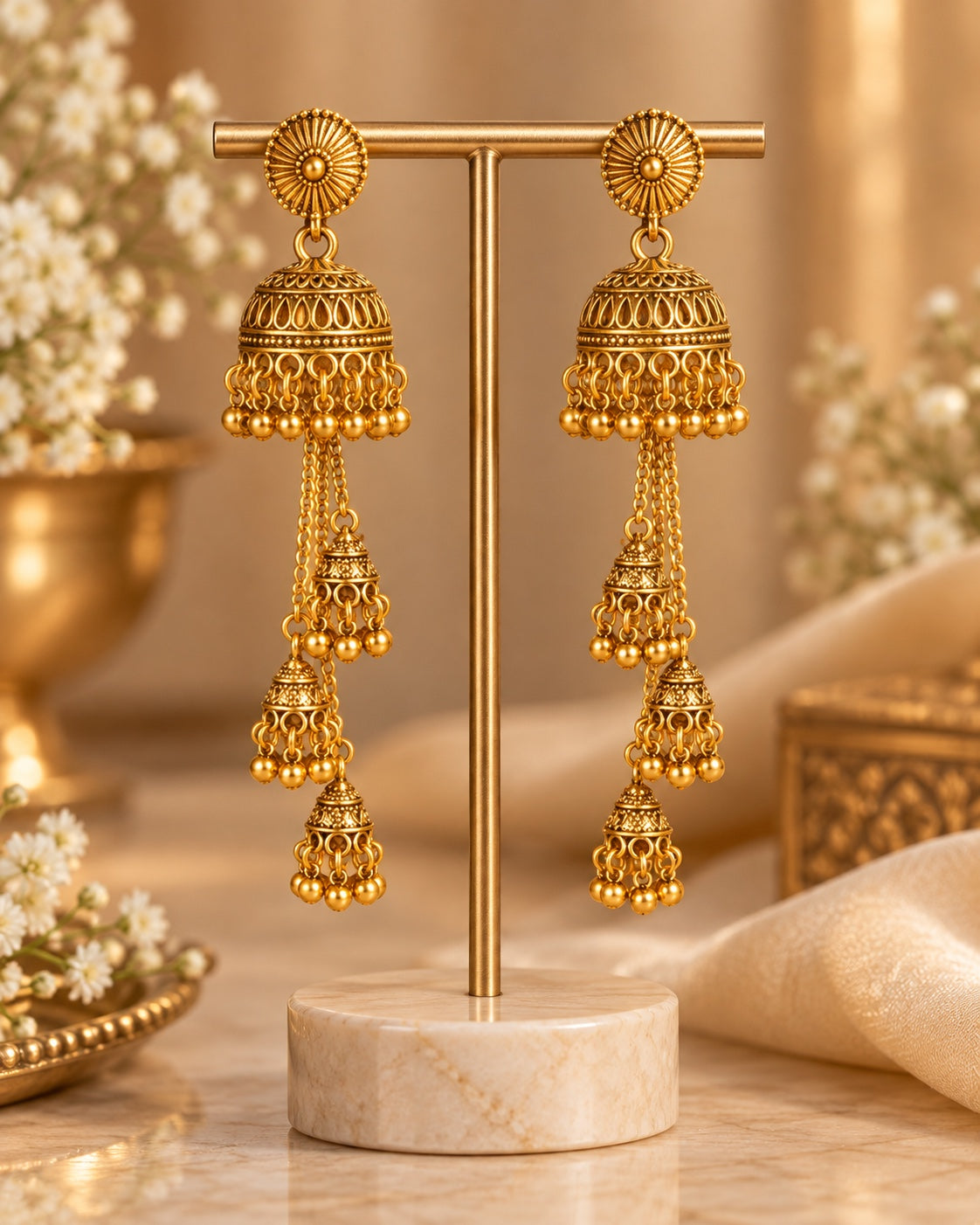 Aabha Triple Jhumka Earrings on luxury gold stand, Indian-inspired earrings by Rukhsar Jewels