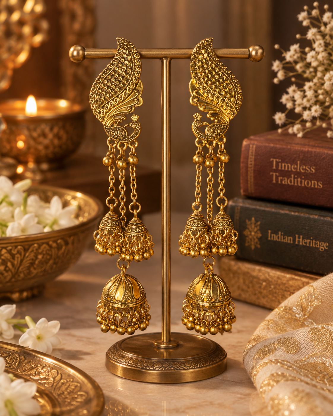 Morni statement jhumka earrings luxury display, Indian earrings by Rukhsar Jewels