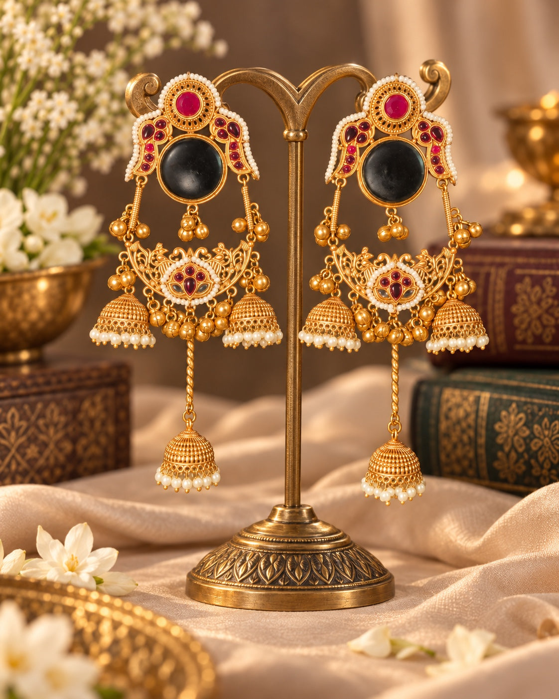 Maya Heritage Jhumka Earrings on luxury stand, Indian-inspired earrings by Rukhsar Jewels
