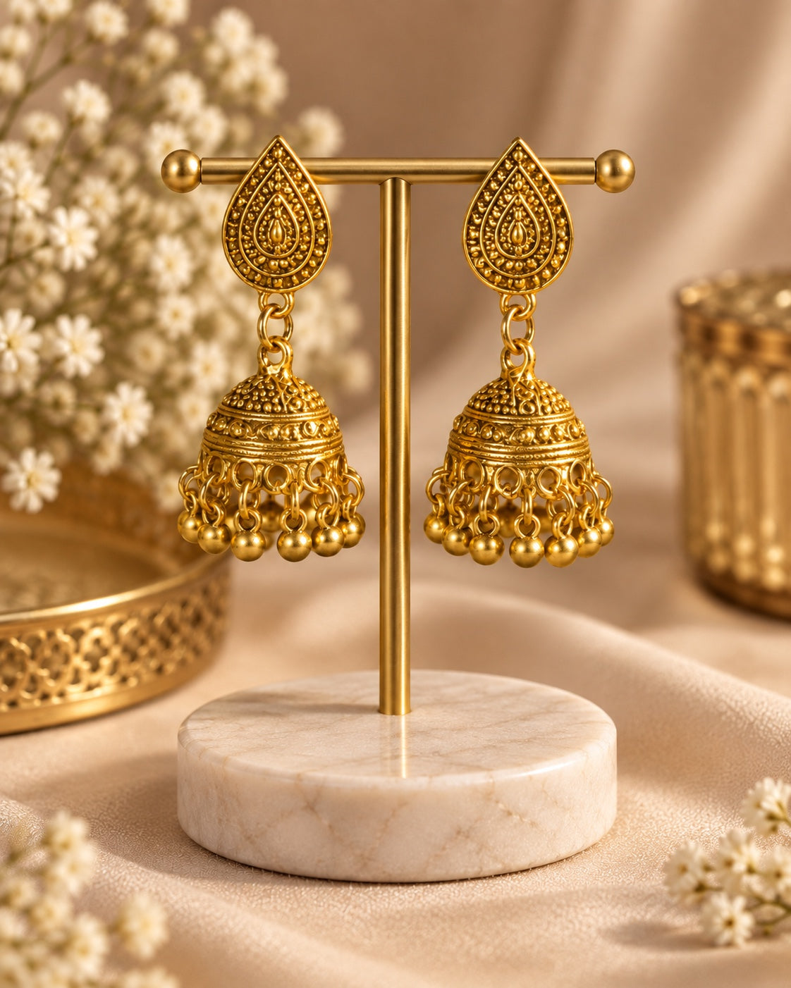 Sitara Antique Gold Jhumka Earrings on luxury stand, Indian-inspired earrings by Rukhsar Jewels