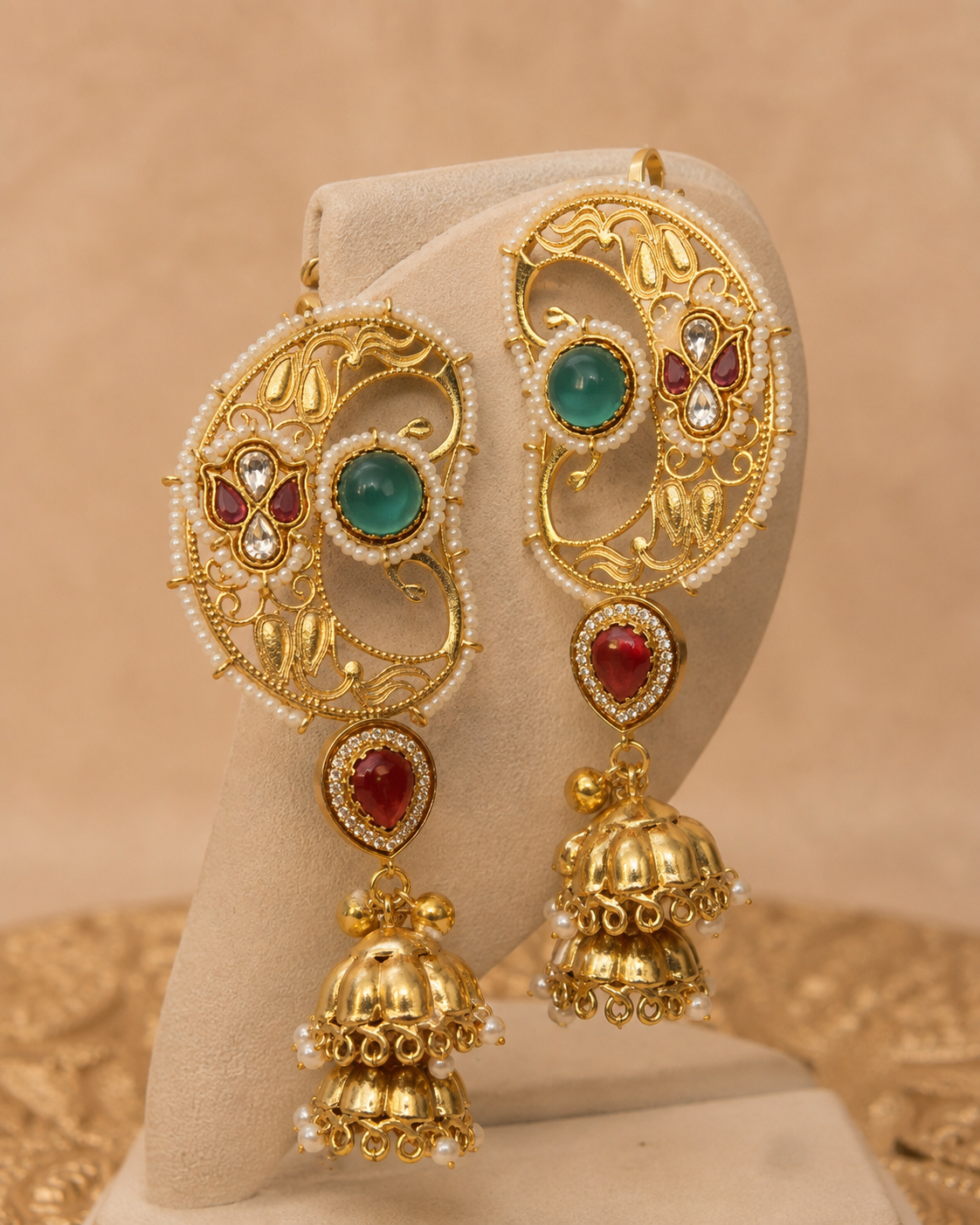 Maharani green and light pink jhumka ear cuff, Indian wedding earrings by Rukhsar Jewels