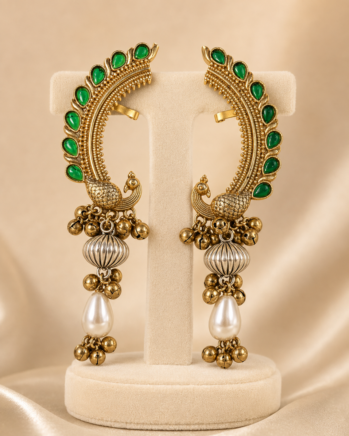 Mayura emerald ear cuff styled view, Indian wedding jewellery by Rukhsar Jewels