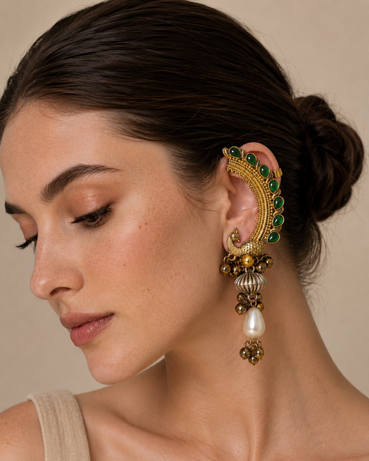 Mayura emerald peacock ear cuff, Indian statement earrings by Rukhsar Jewels