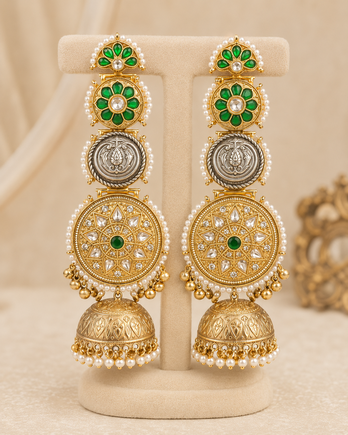 Emerald Darbar jhumka earrings detail with green stones by Rukhsar Jewels