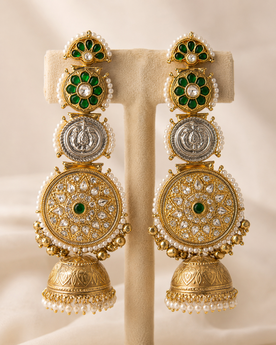 Emerald Darbar Indian jhumka earrings alternate view by Rukhsar Jewels