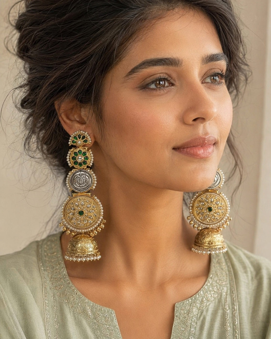 Emerald Darbar jhumka earrings styled view, Indian jewellery by Rukhsar Jewels