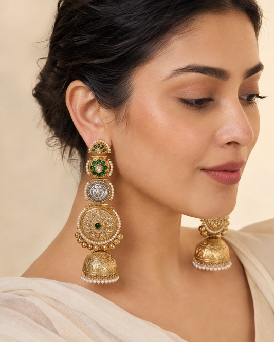 Emerald Darbar green jhumka earrings, Indian wedding earrings by Rukhsar Jewels