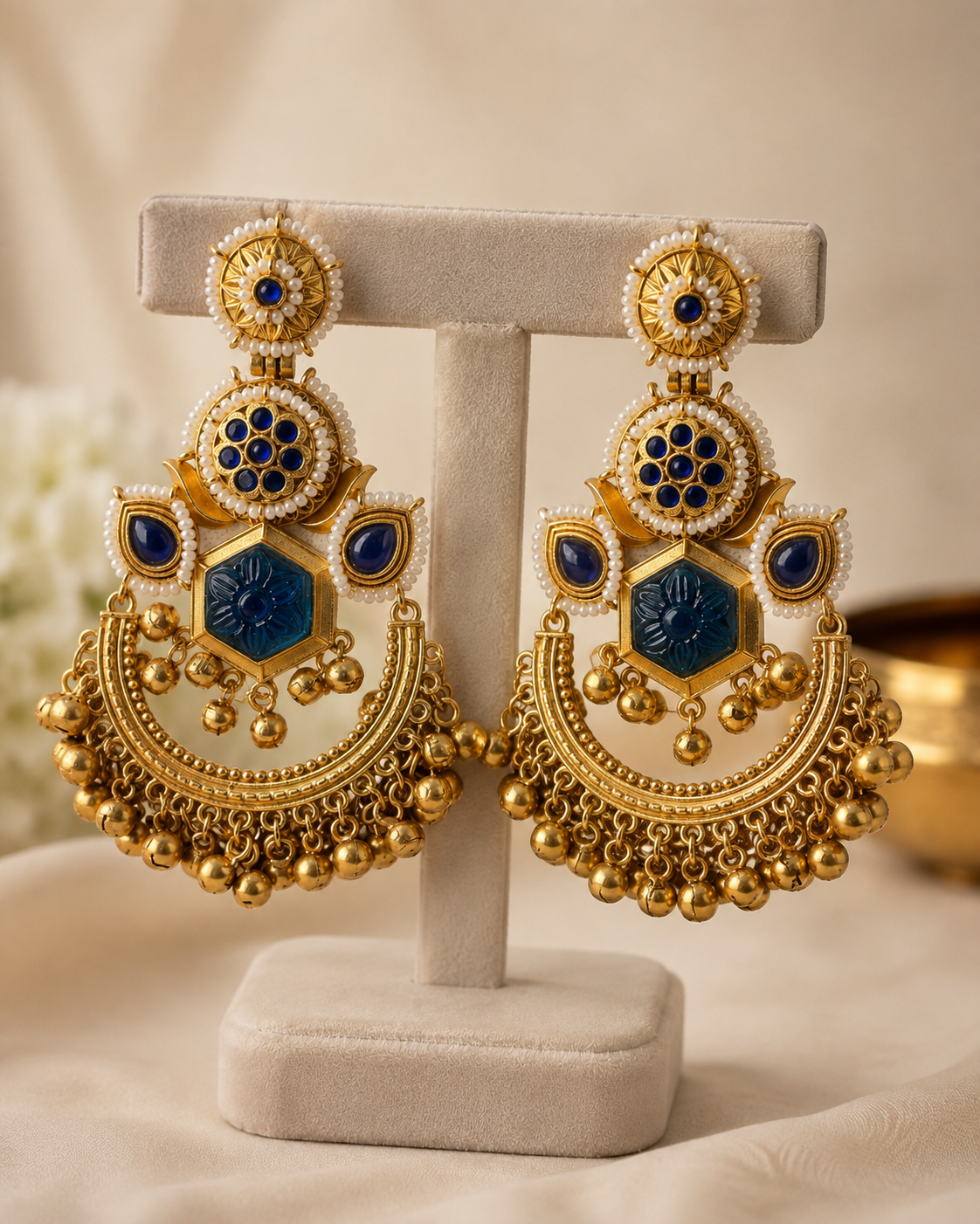 Darya chandbali earrings styled view, blue Indian jewellery by Rukhsar Jewels