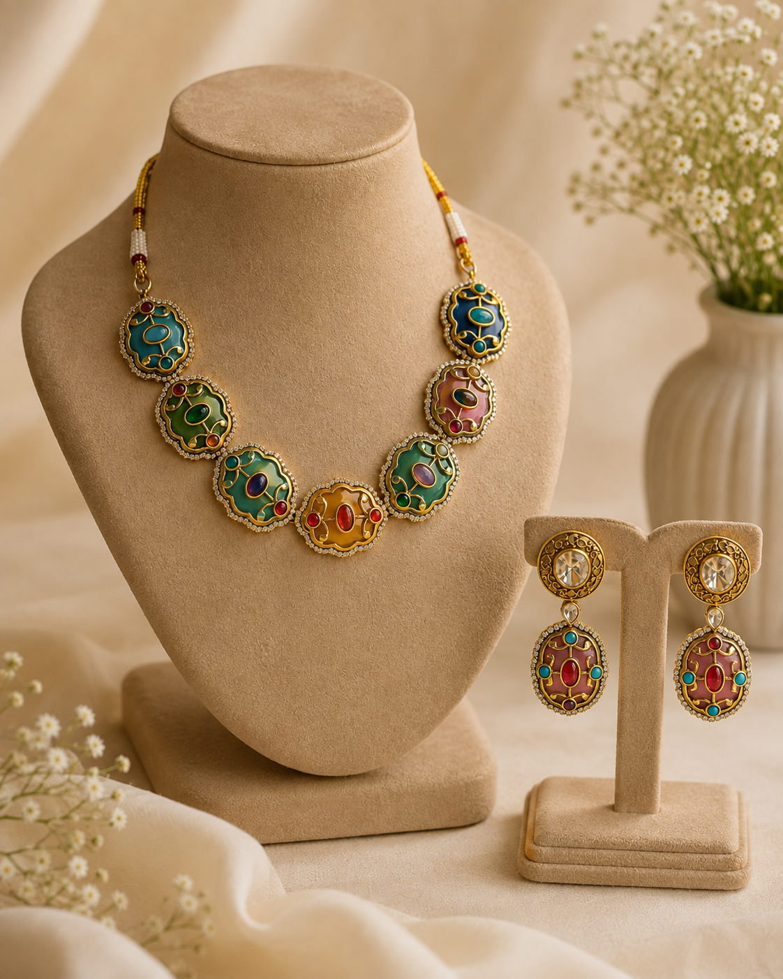 Noor Multicolour Statement Necklace Set detail view, Indian-inspired jewellery by Rukhsar Jewels