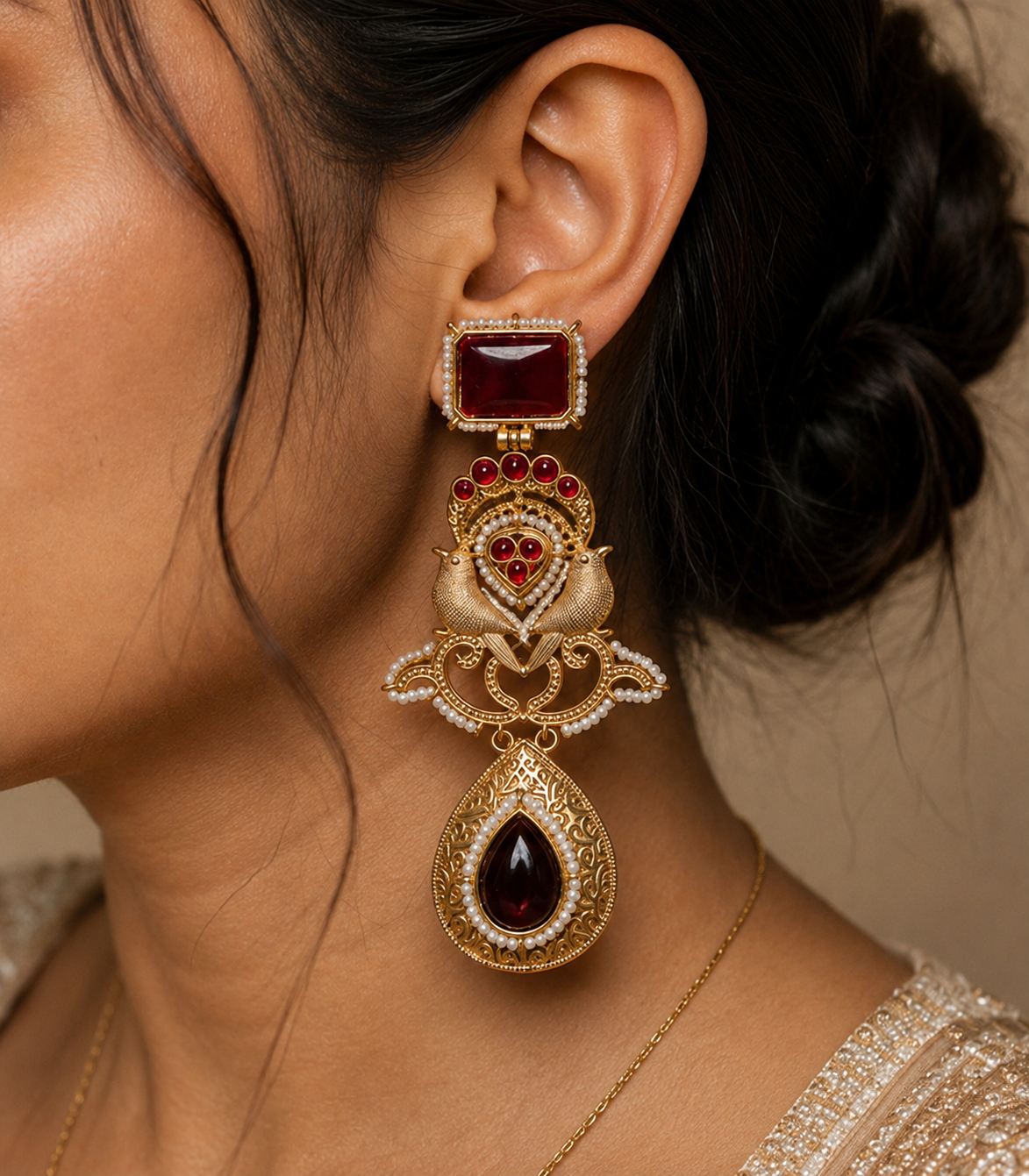Meher Kashmiri Bird Statement Earrings styled view, Indian-inspired earrings by Rukhsar Jewels