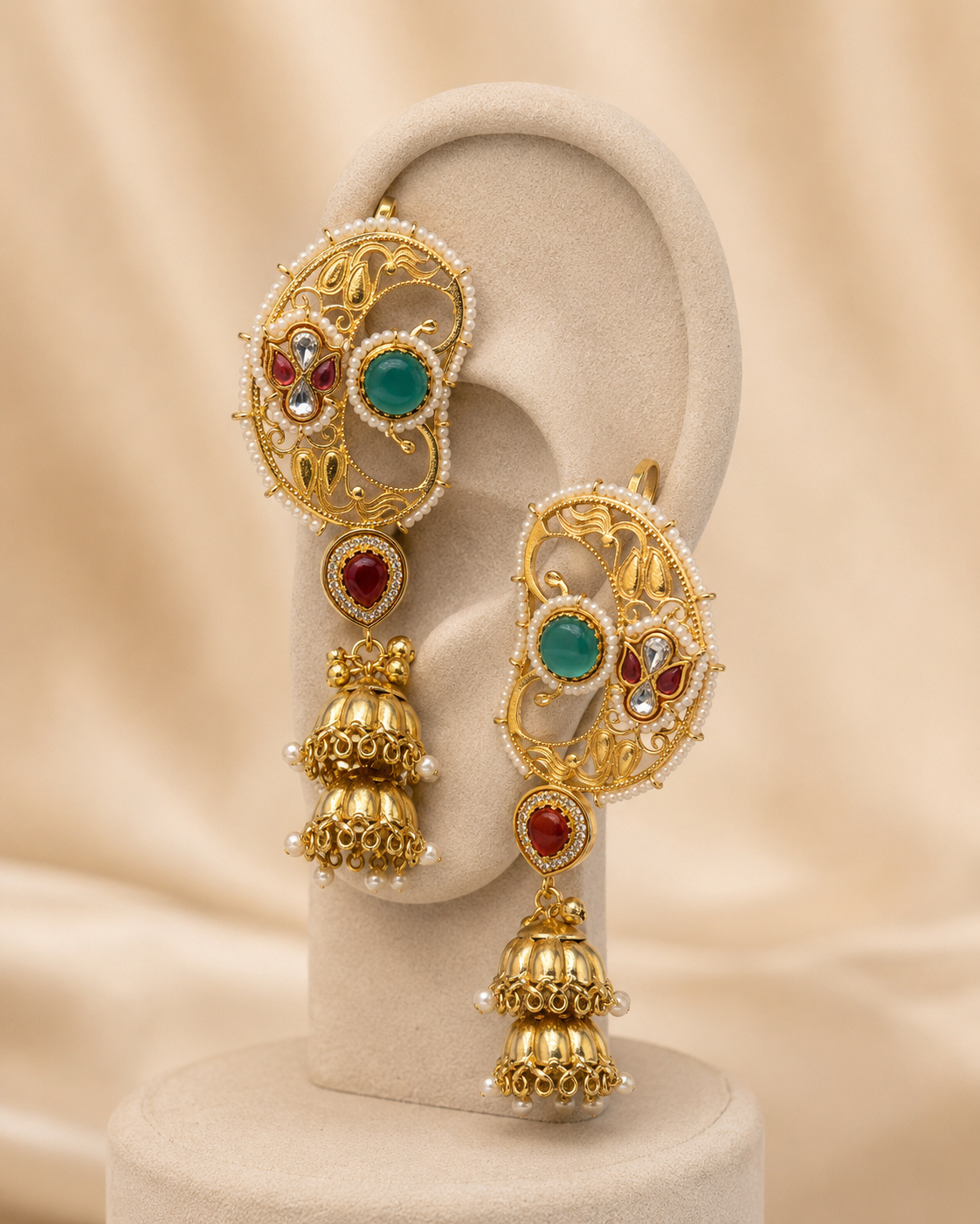Maharani jhumka ear cuff detail with green and pink stones by Rukhsar Jewels