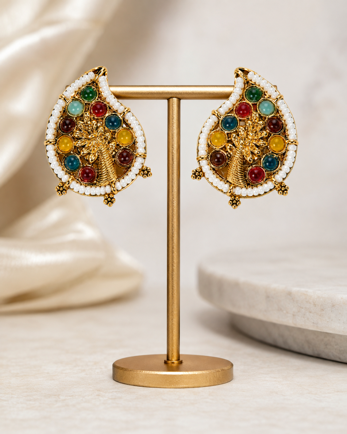 Rangoli Paisley Statement Earrings detail view, Indian-inspired earrings by Rukhsar Jewels