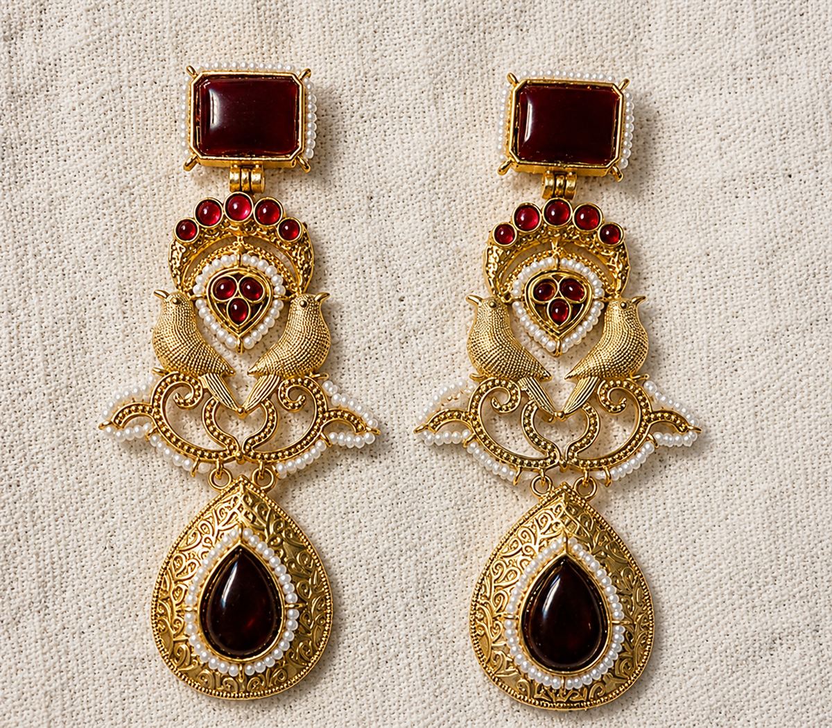 Meher Kashmiri Bird Statement Earrings detail view, Indian-inspired earrings by Rukhsar Jewels