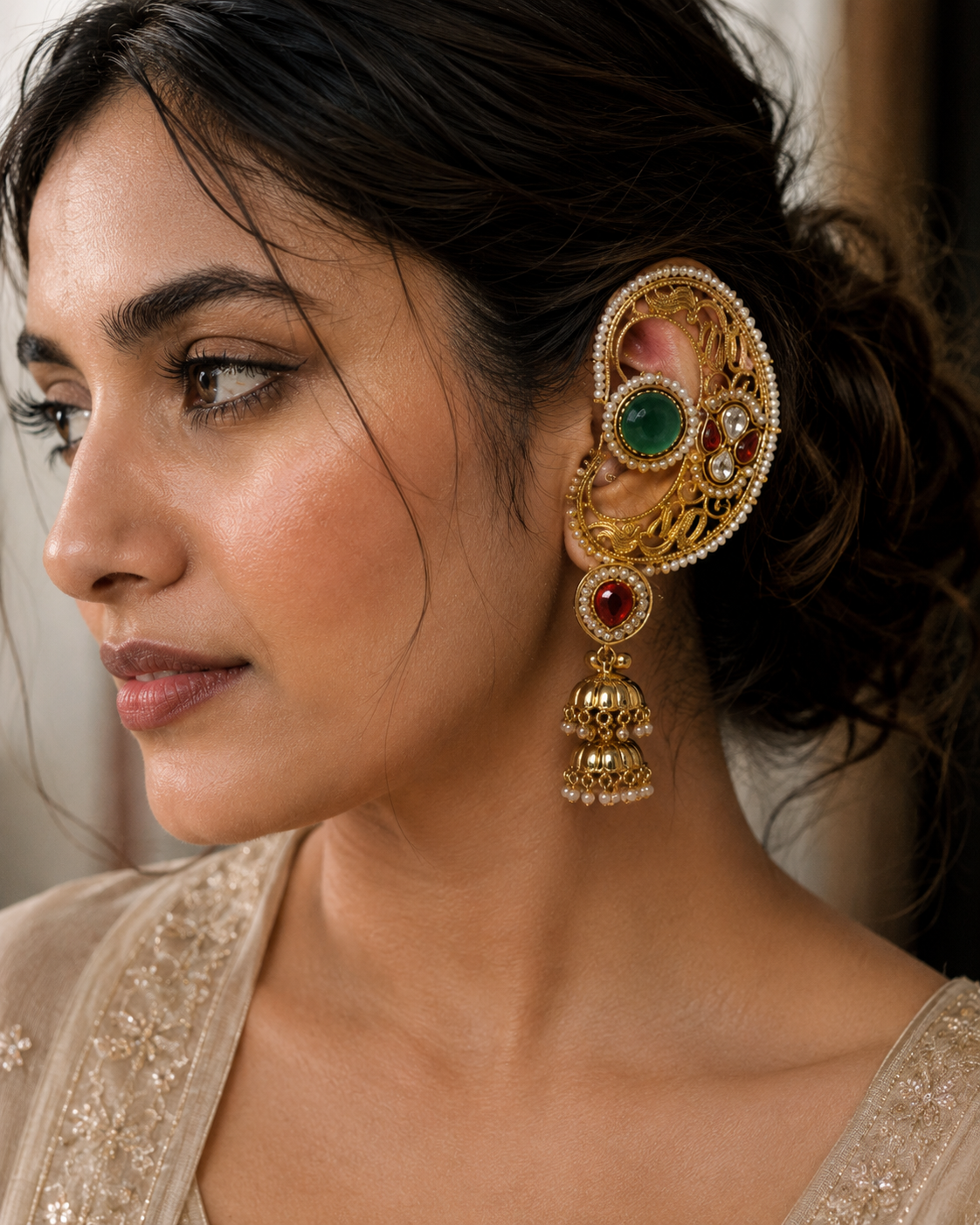 Maharani jhumka ear cuff styled on ear, Indian statement jewellery by Rukhsar Jewels