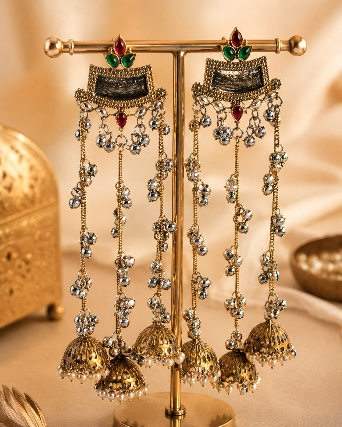 Delara Cascade Jhumka Earrings styled view, Indian-inspired earrings by Rukhsar Jewels