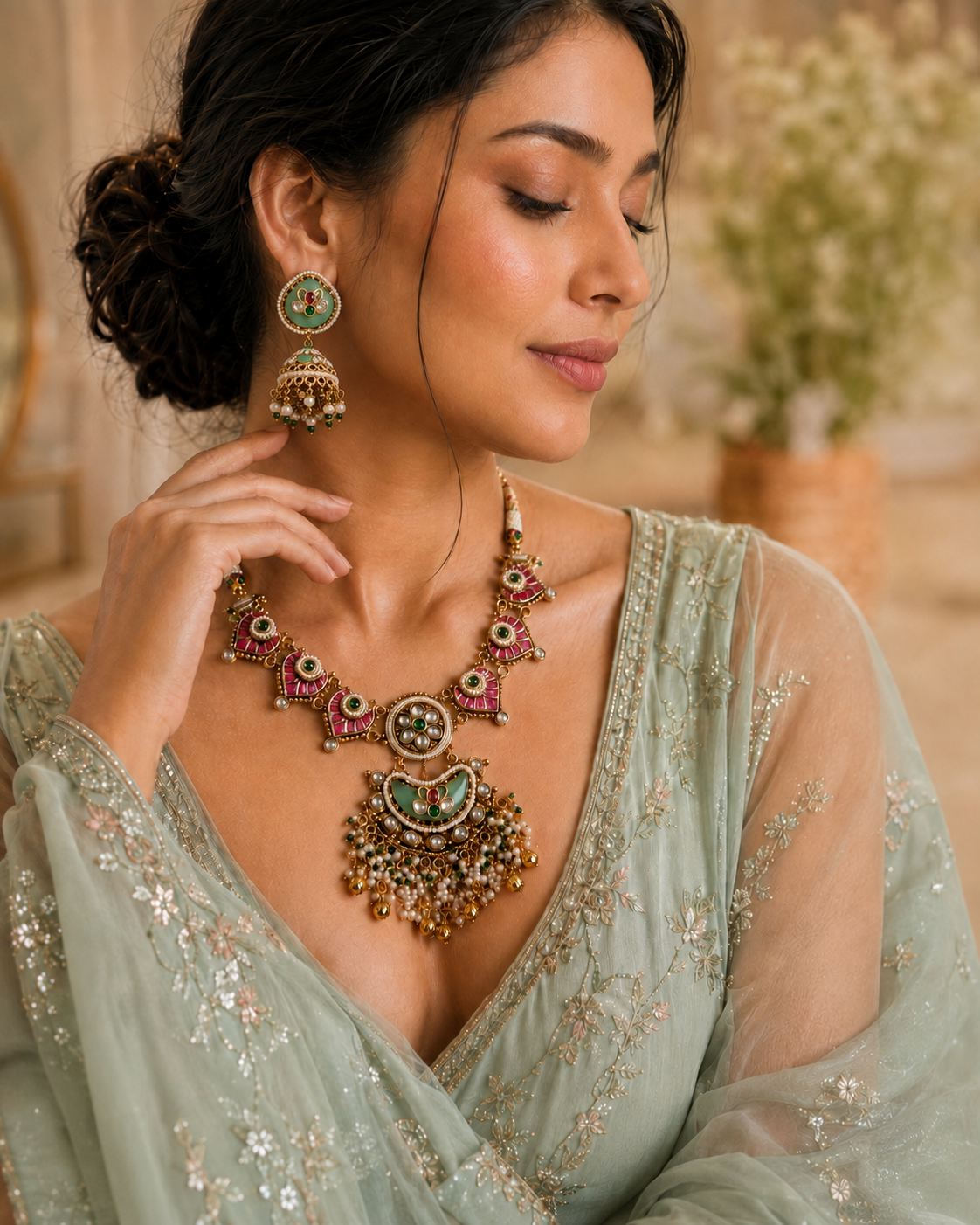 Anahita Heritage Necklace Set on jewellery display, Indian-inspired jewellery by Rukhsar Jewels