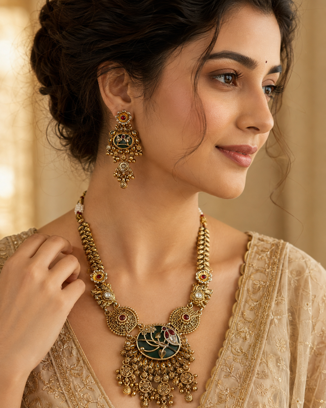 Shalimar Heritage Statement Necklace and Earrings Set styled view, Indian-inspired jewellery by Rukhsar Jewels