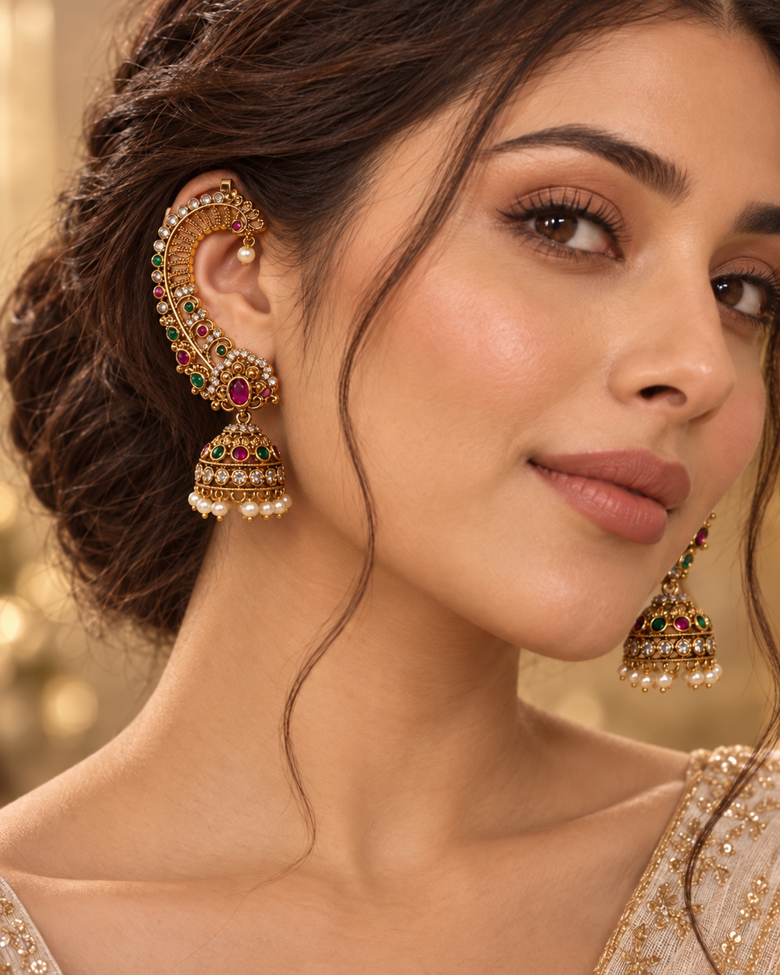 Naira Jhumka Ear Cuff styled view, Indian-inspired earrings by Rukhsar Jewels