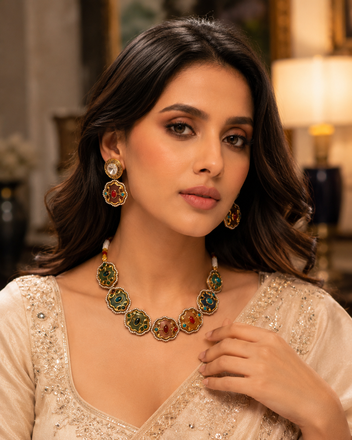 Noor Multicolour Statement Necklace Set product view, Indian-inspired jewellery by Rukhsar Jewels