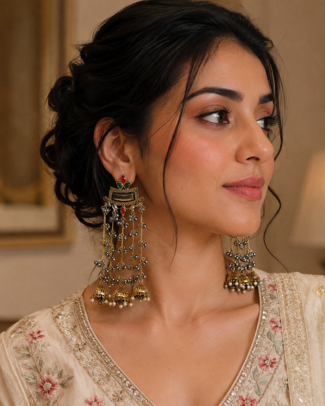 Delara Cascade Jhumka Earrings product view, Indian-inspired earrings by Rukhsar Jewels