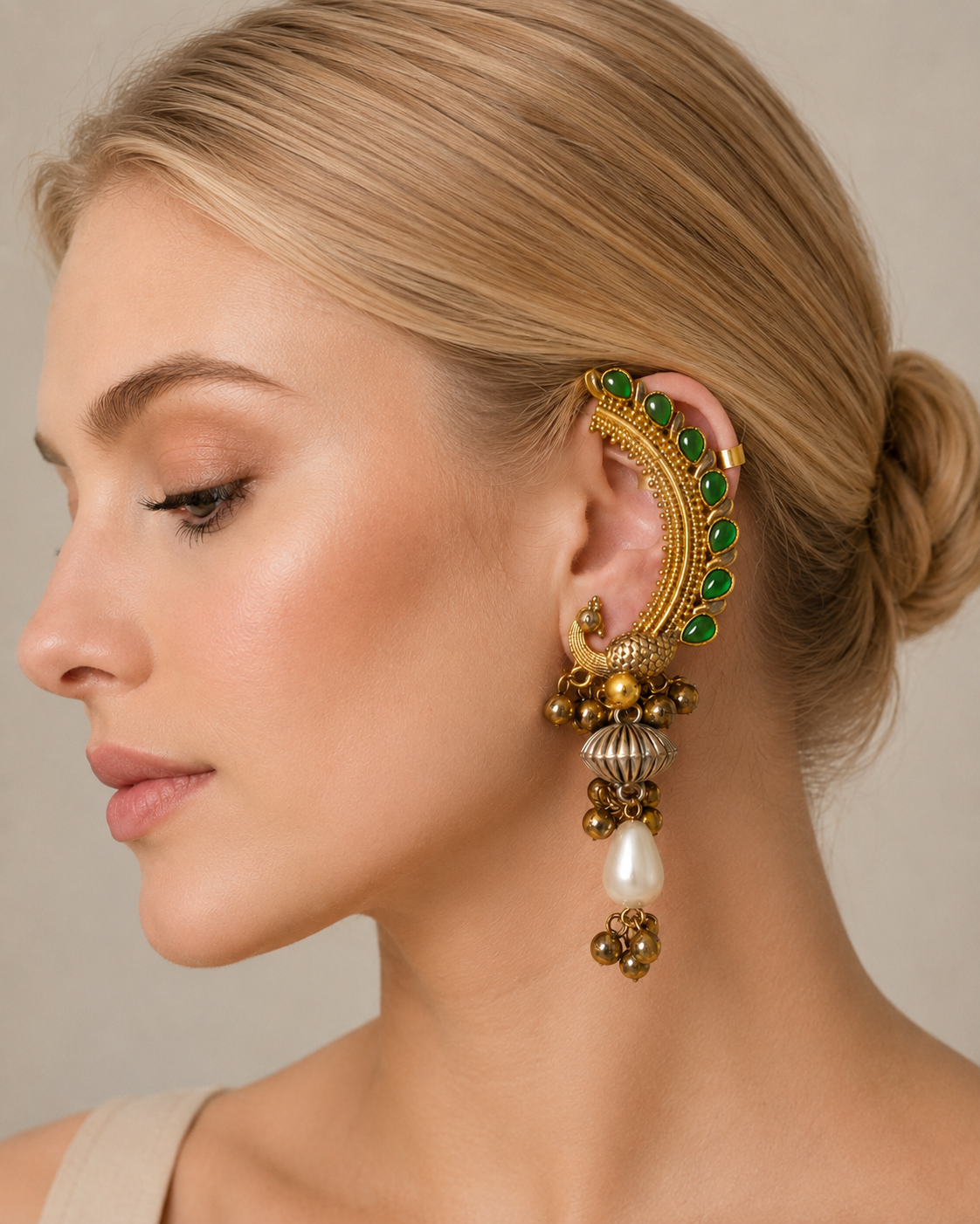 Mayura emerald peacock ear cuff detail, Indian earrings by Rukhsar Jewels