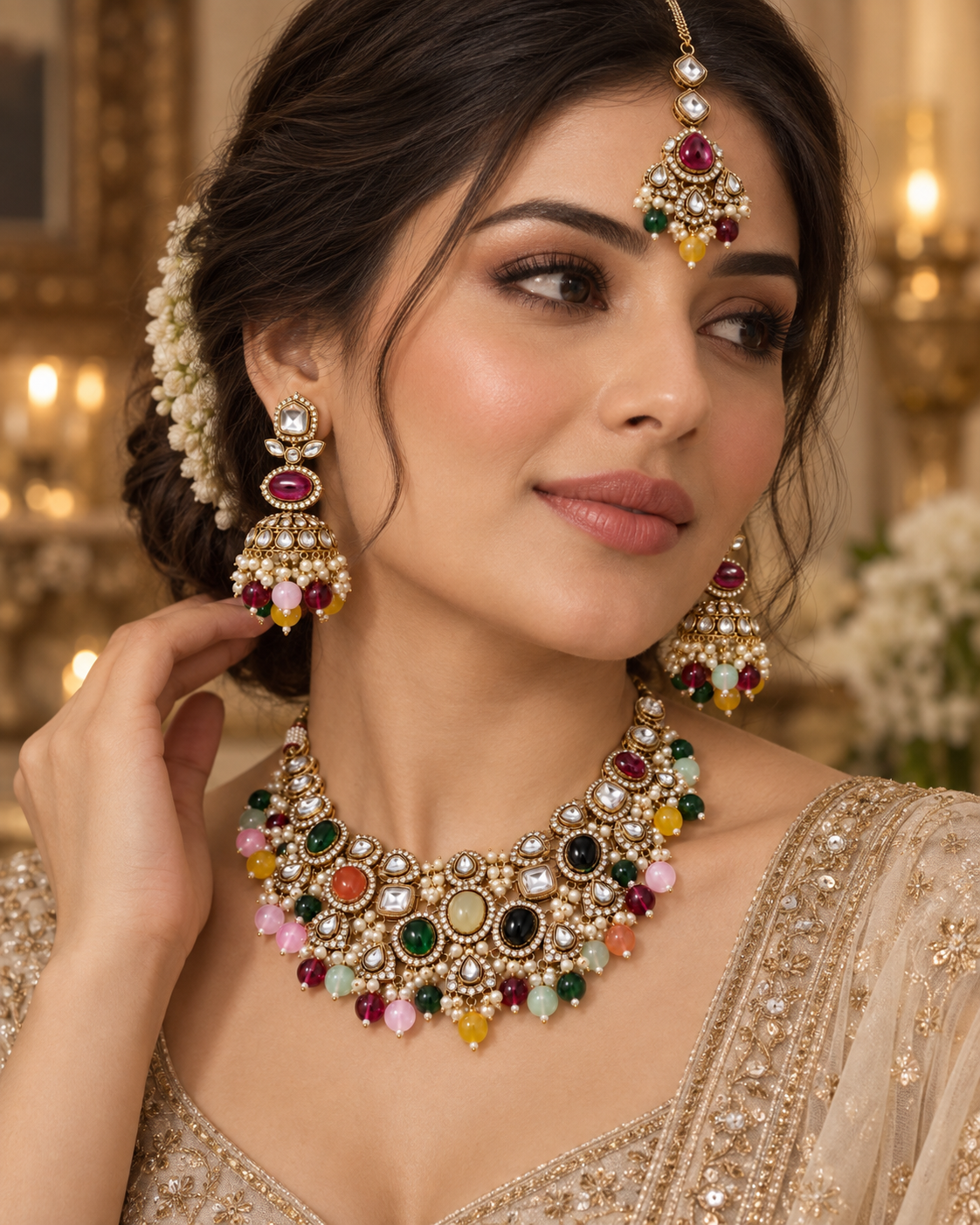 Rang Mahal kundan set styled view, Indian bridal jewellery by Rukhsar Jewels