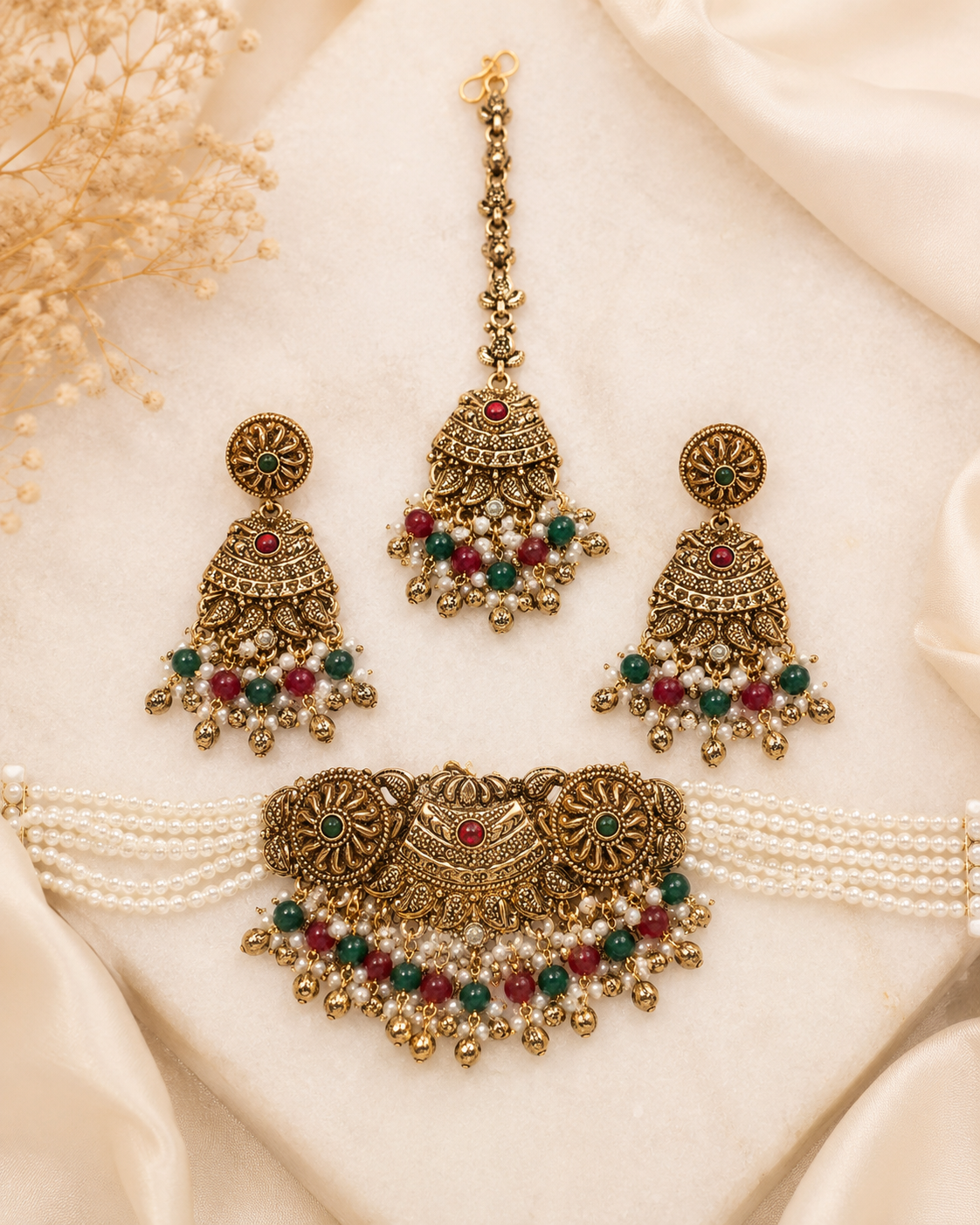 Gulnar Pearl Choker Set styled view, Indian-inspired jewellery by Rukhsar Jewels