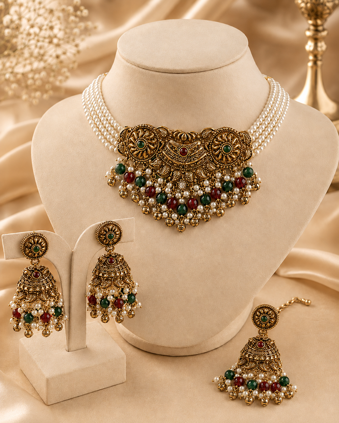 Gulnar Pearl Choker Set detail view, Indian-inspired jewellery by Rukhsar Jewels