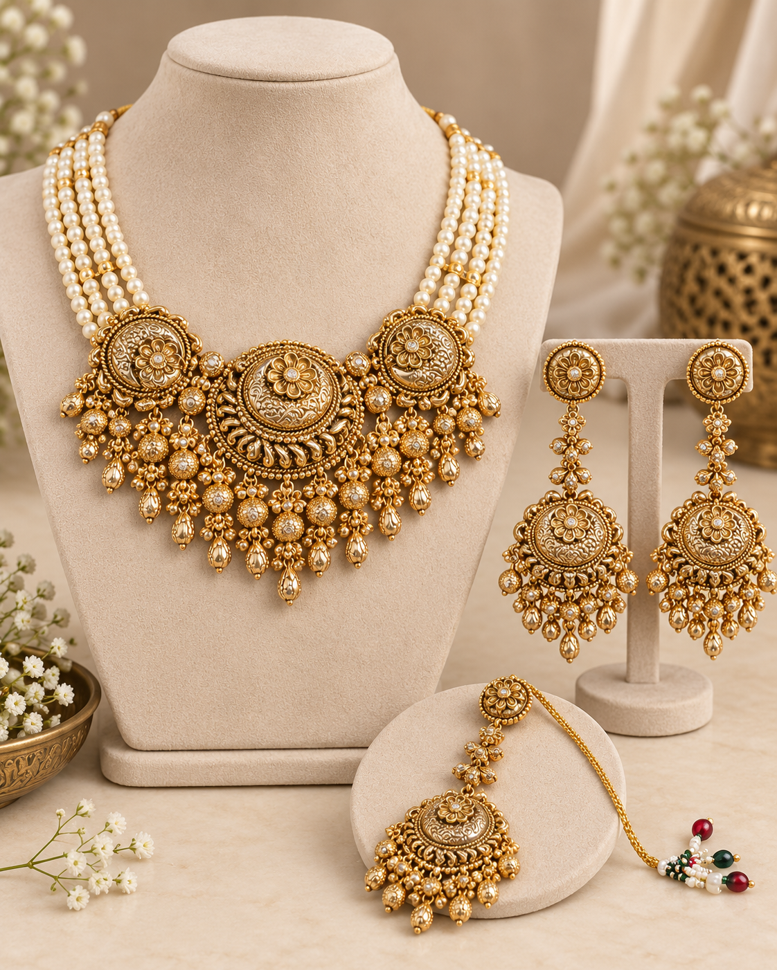 Meera pearl choker styled view, Indian wedding necklace by Rukhsar Jewels