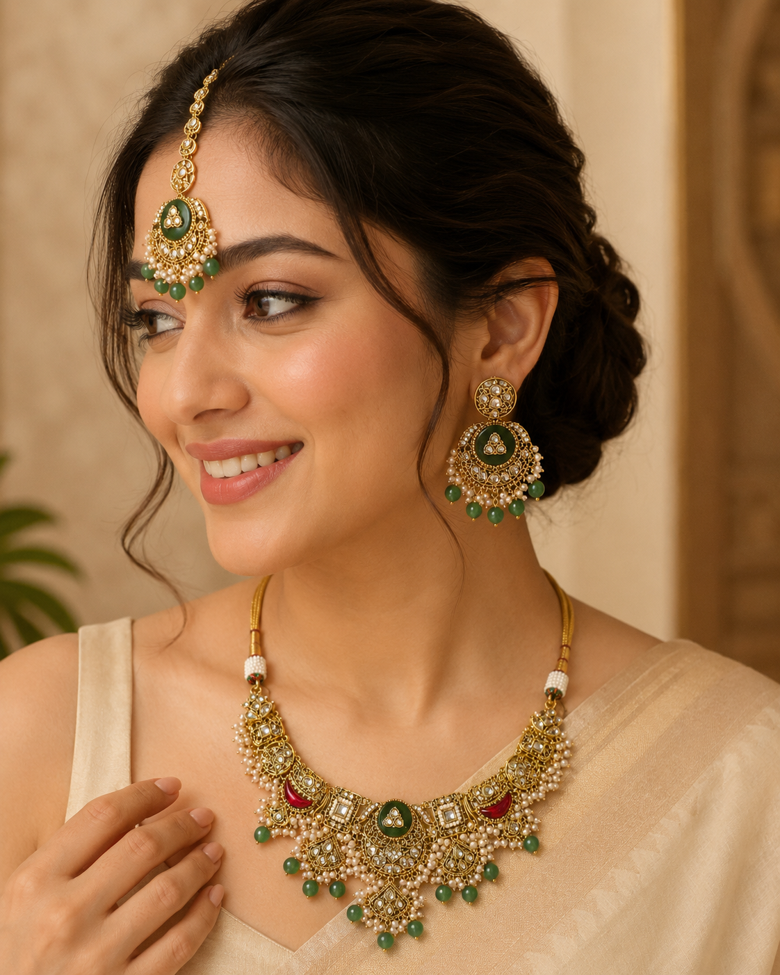 Shahbanu Royal Jewellery Set detail view, Indian-inspired jewellery by Rukhsar Jewels