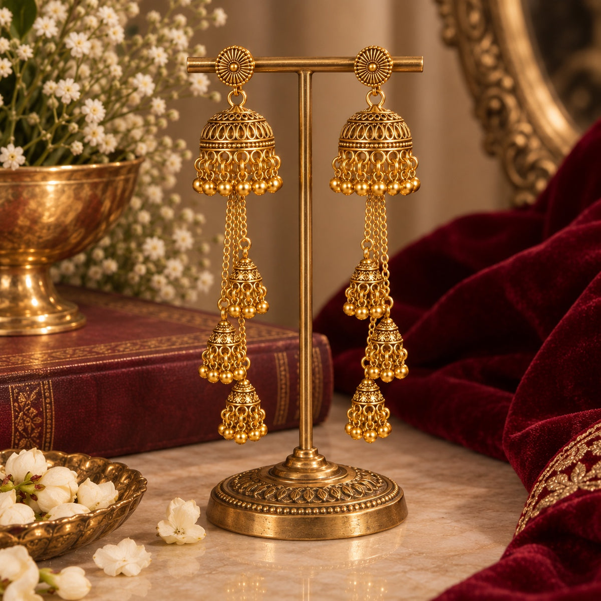 Aabha Triple Jhumka Earrings on ornate gold jewellery stand, Indian-inspired earrings by Rukhsar Jewels