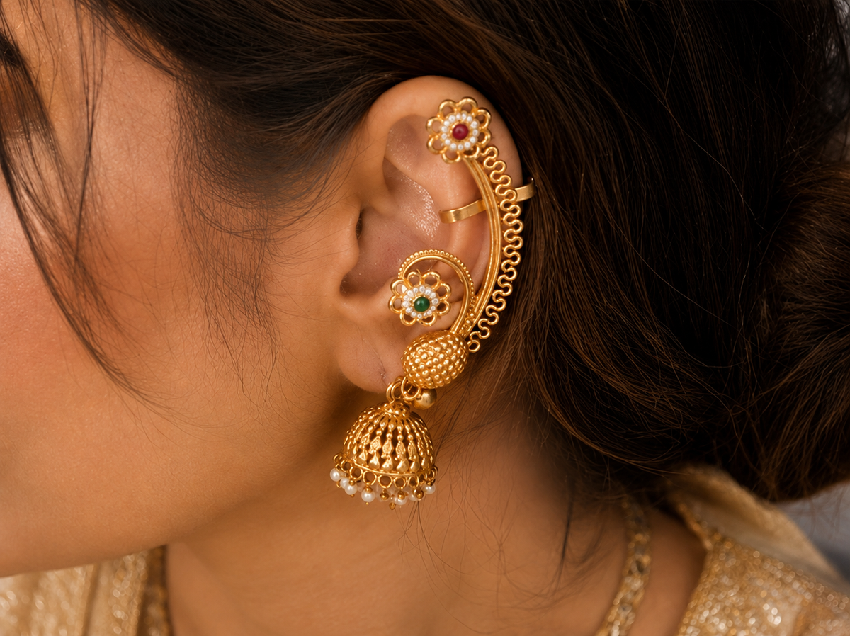 Gul Jhumka Ear Cuff detail view, Indian-inspired earrings by Rukhsar Jewels