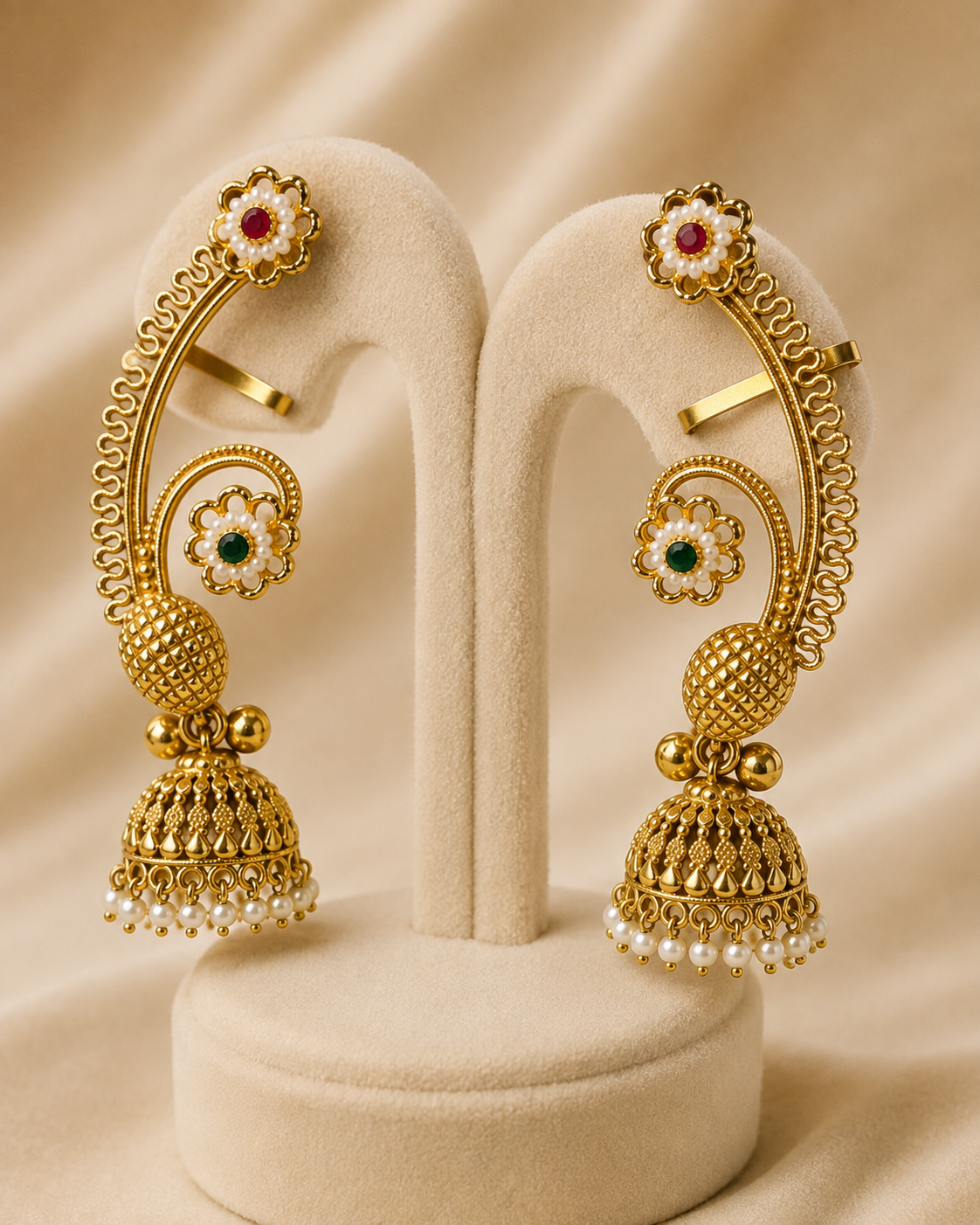 Gul Jhumka Ear Cuff worn by model, Indian-inspired earrings by Rukhsar Jewels