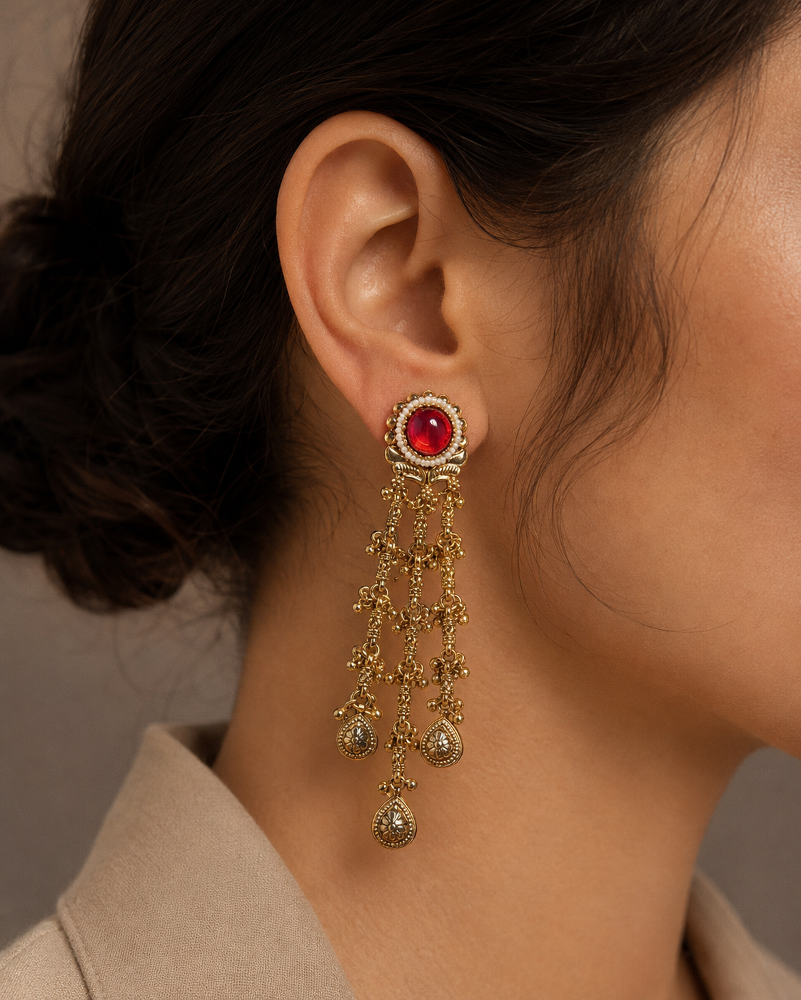 Anar Cascade Earrings styled product view, Indian-inspired earrings by Rukhsar Jewels
