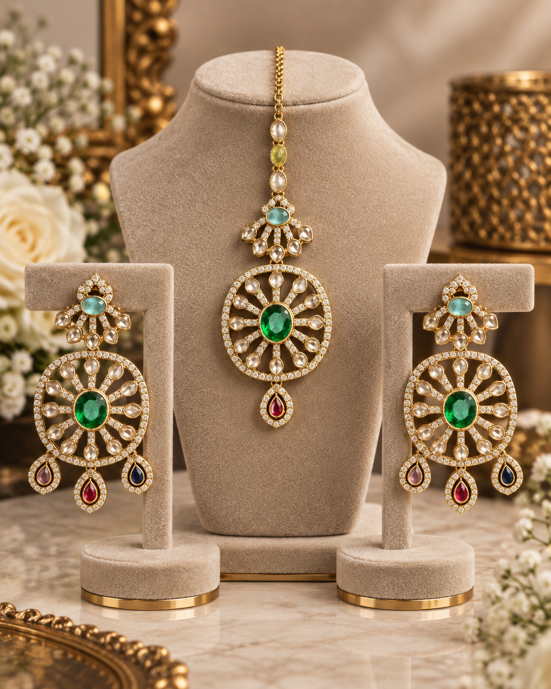 Heer emerald tikka and earring set on cream display by Rukhsar Jewels