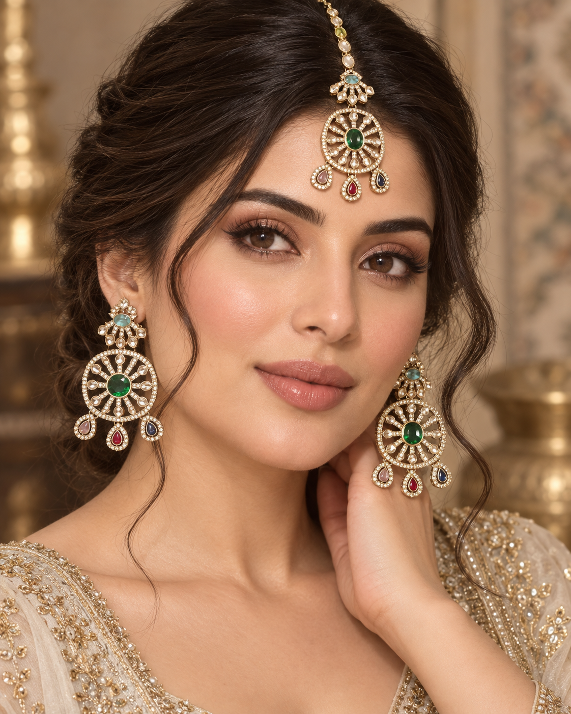 Model wearing Heer emerald maang tikka and earrings by Rukhsar Jewels