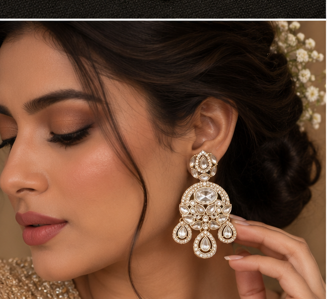 Model wearing Ira Crystal Kundan Tikka Set, Indian-inspired jewellery by Rukhsar Jewels