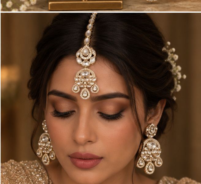 Model wearing Ira Crystal Kundan Tikka Set with maang tikka, Indian-inspired jewellery by Rukhsar Jewels