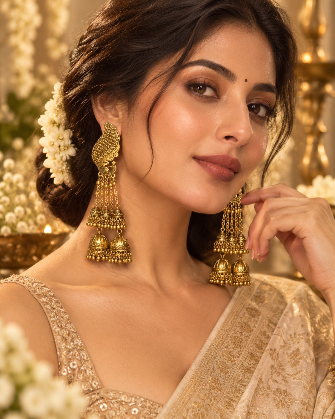 Morni peacock jhumka earrings worn by model, Indian wedding jewellery by Rukhsar Jewels