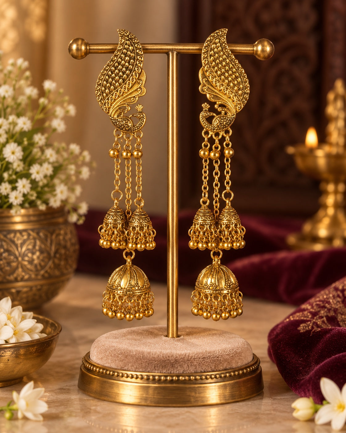 Morni peacock jhumka earrings on jewellery stand by Rukhsar Jewels