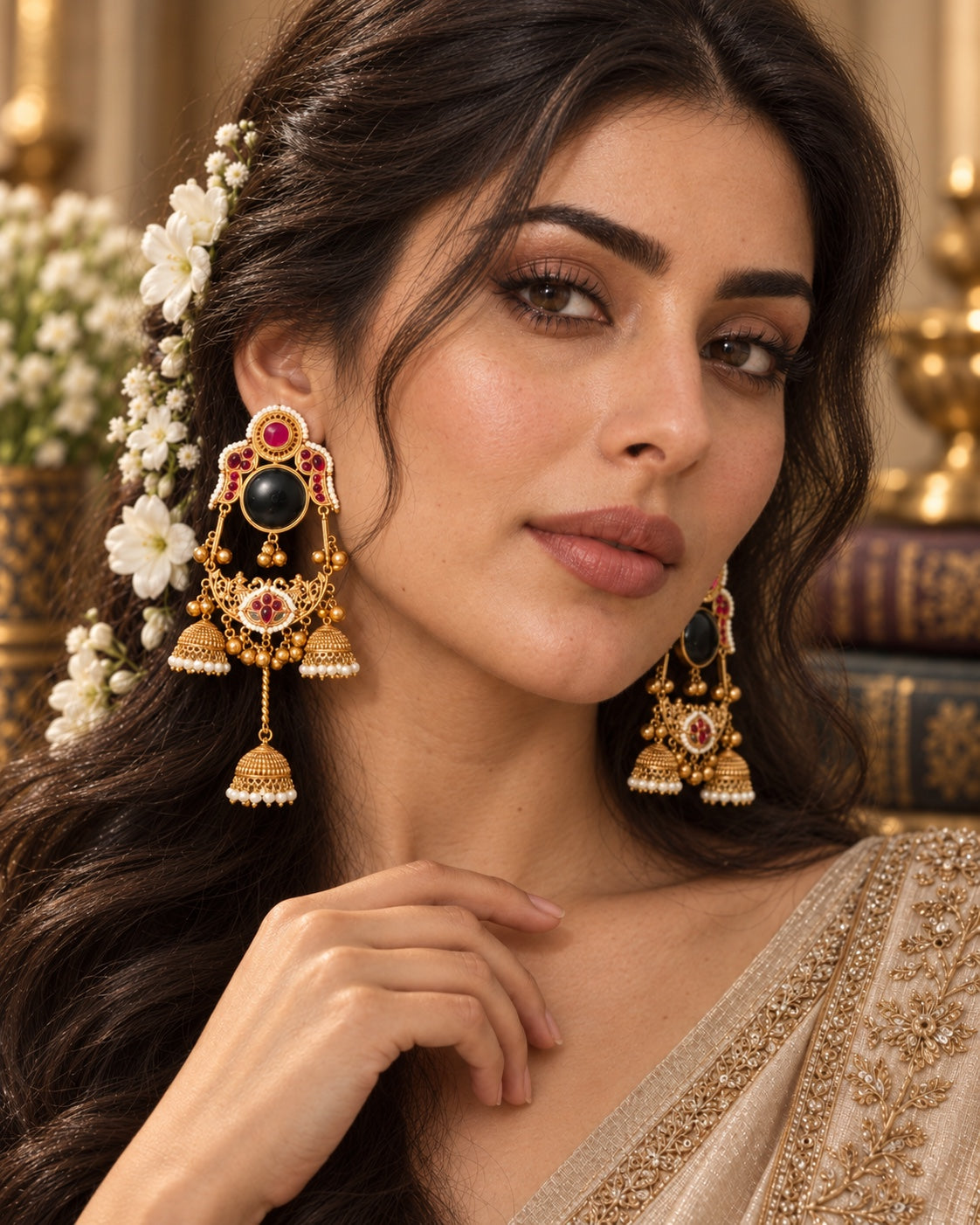 Maya Heritage Jhumka Earrings worn by model, Indian-inspired earrings by Rukhsar Jewels
