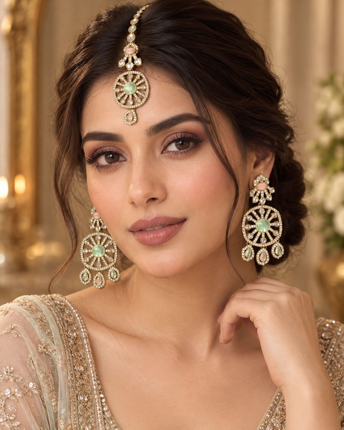 Model wearing Mina mint kundan maang tikka and earrings by Rukhsar Jewels