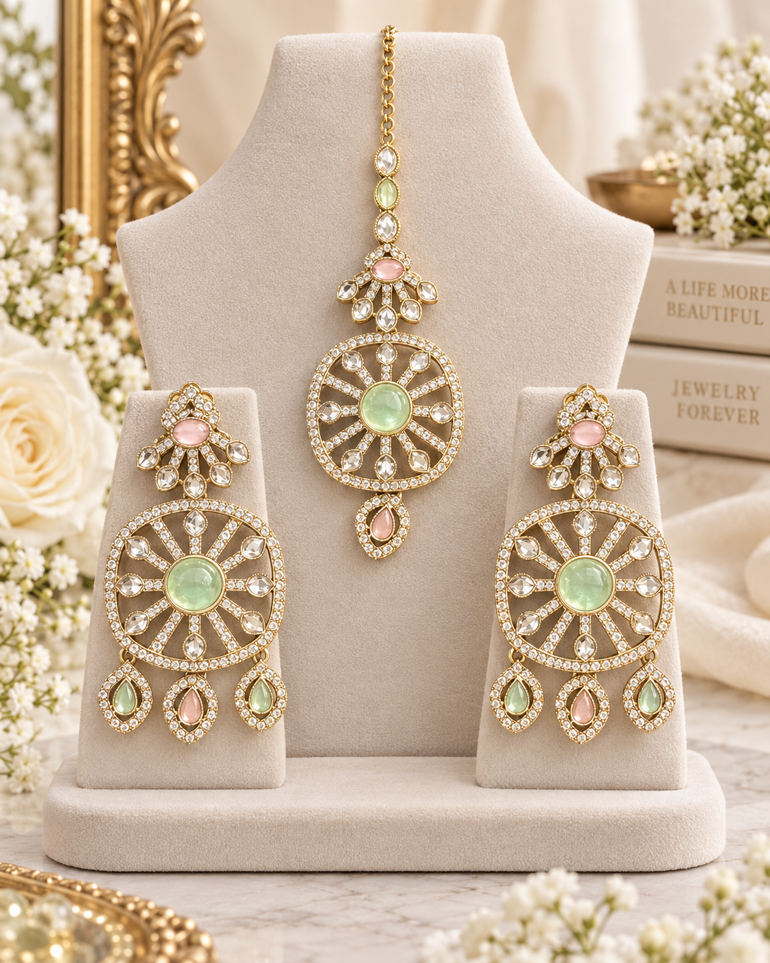 Mina mint kundan maang tikka and earring set on ivory stand by Rukhsar Jewels