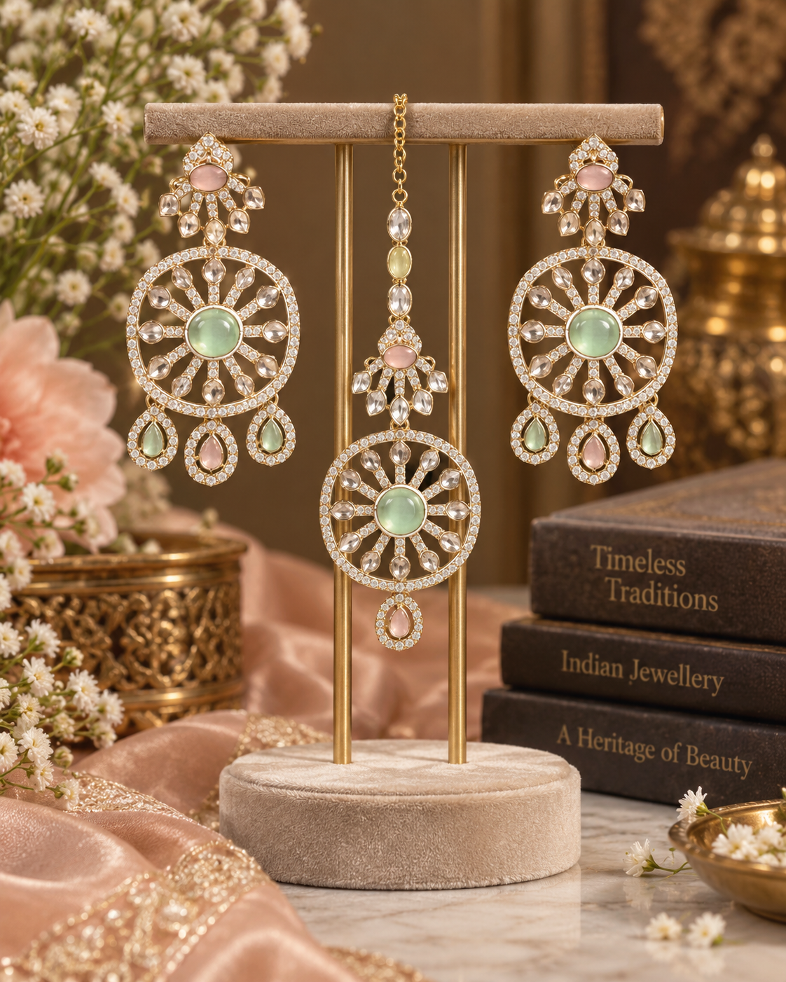 Mina mint kundan tikka set luxury display, Indian wedding jewellery by Rukhsar Jewels