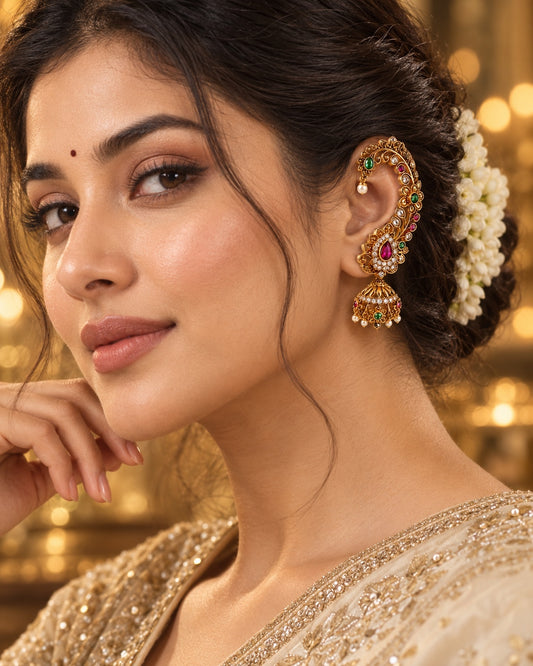 Aarti petite jhumka ear cuff for small ears worn by model, Rukhsar Jewels