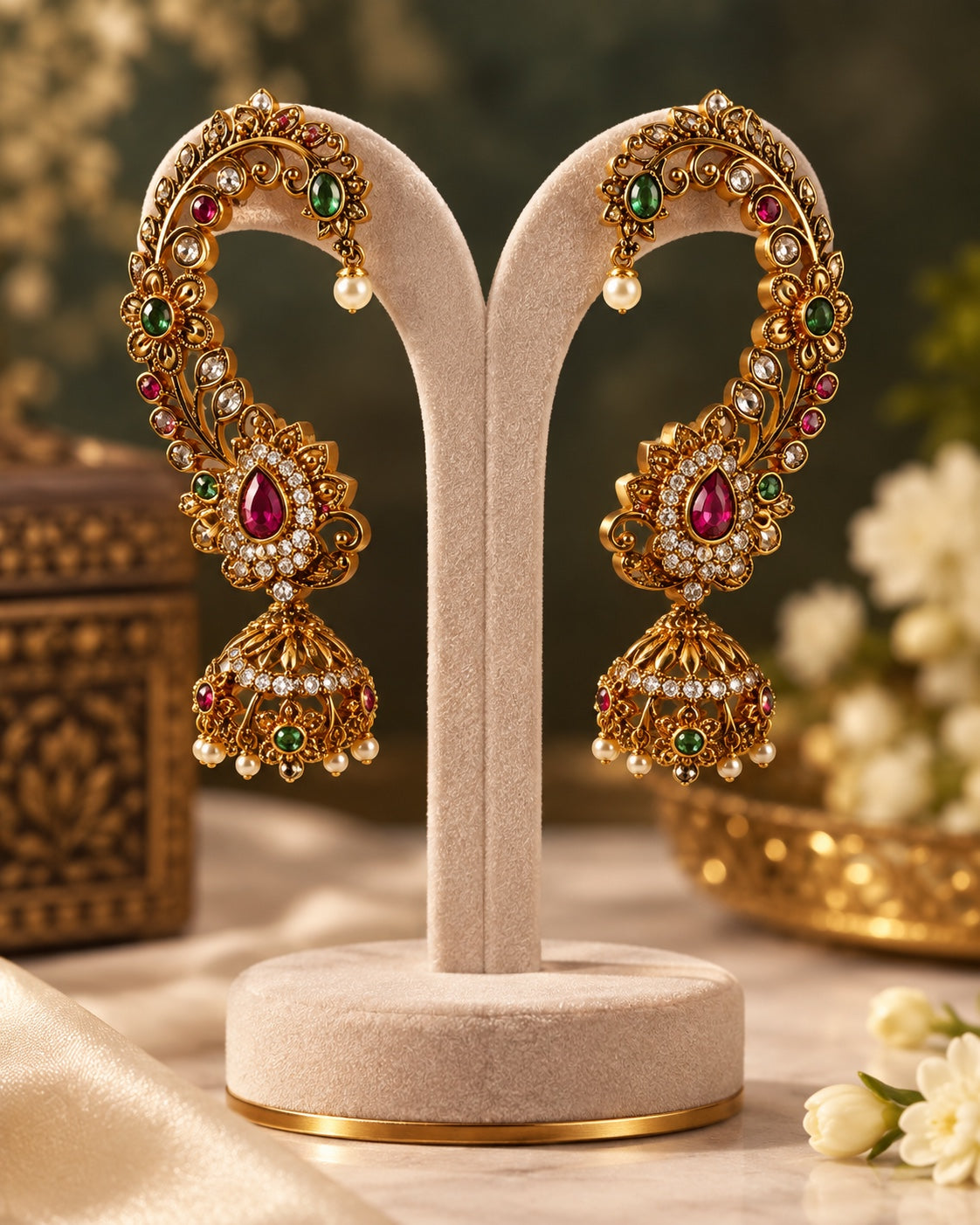 Aarti petite jhumka ear cuff on jewellery stand, Indian earrings by Rukhsar Jewels